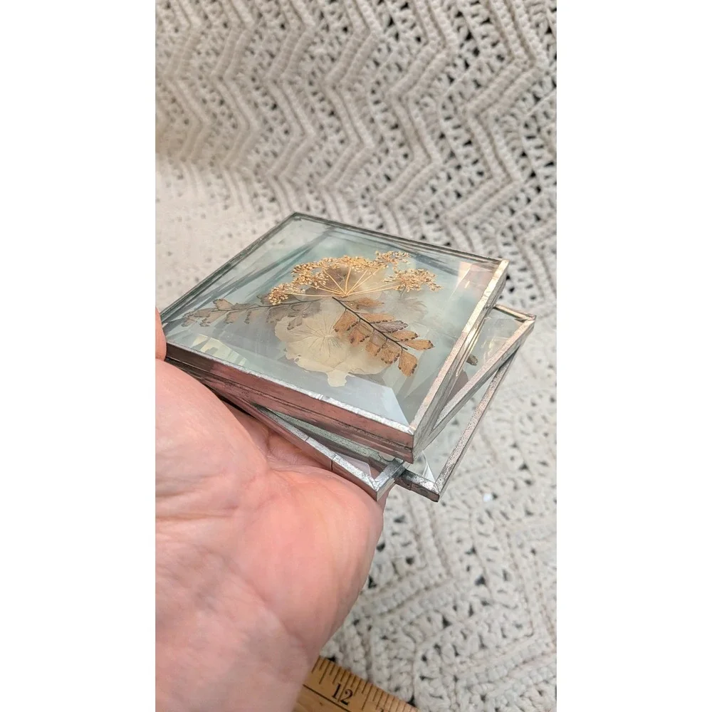 Vintage Pressed Dried Flower Glass Coasters Set of 4 Beveled Metal Edge 4x4